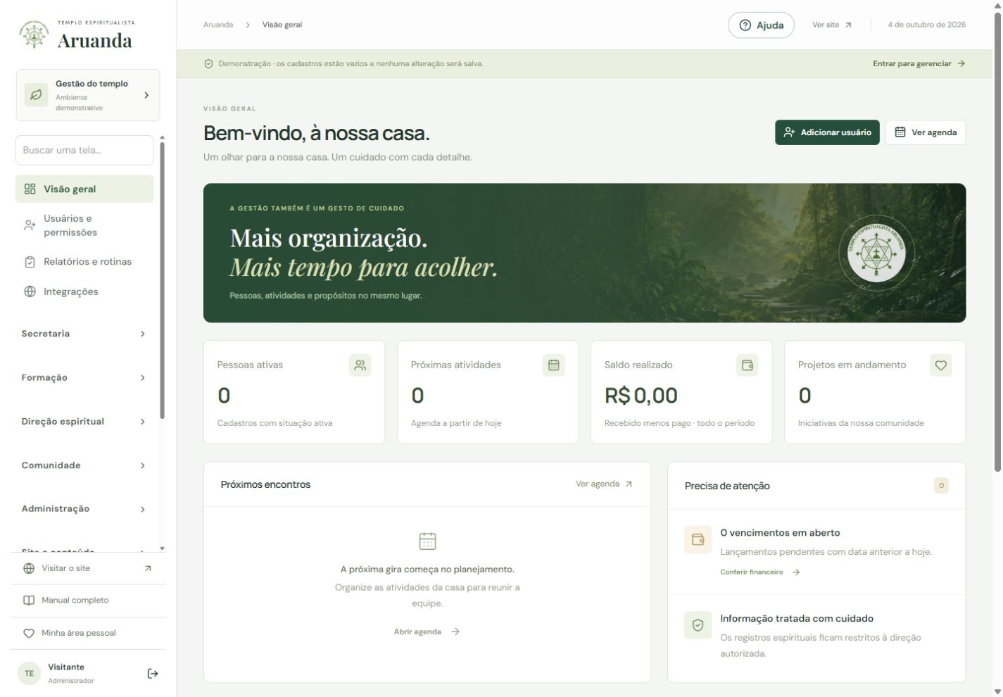 Tela real do sistema TEA em modo de demonstração